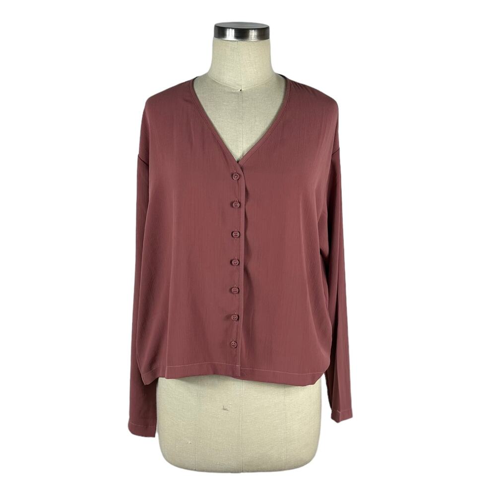 HEYGIRL STUDIO Mauve Satin V-Neck Button Down Blouse Long Sleeve Classy Chic